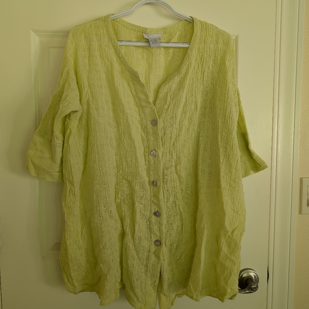 SOFT SURROUNDINGS 3/4 Sleeved Yellow 100% Linen Button Front Tunic/Top - Size PL
